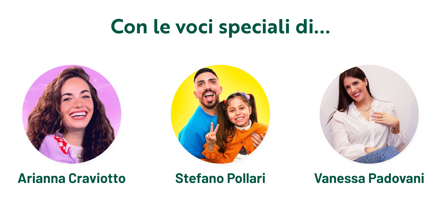 Le audiostorie sono narrate dalle voci speciali di: Arianna Craviotto, Stefano Pollari, Vanessa Padovani